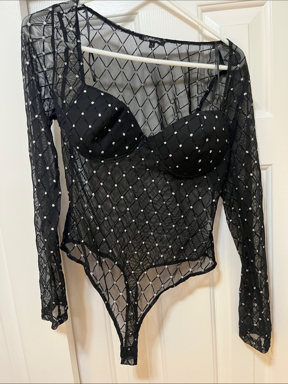 Black Rhinestone-Embellished Sheer Mesh Bandeau Bodysuit